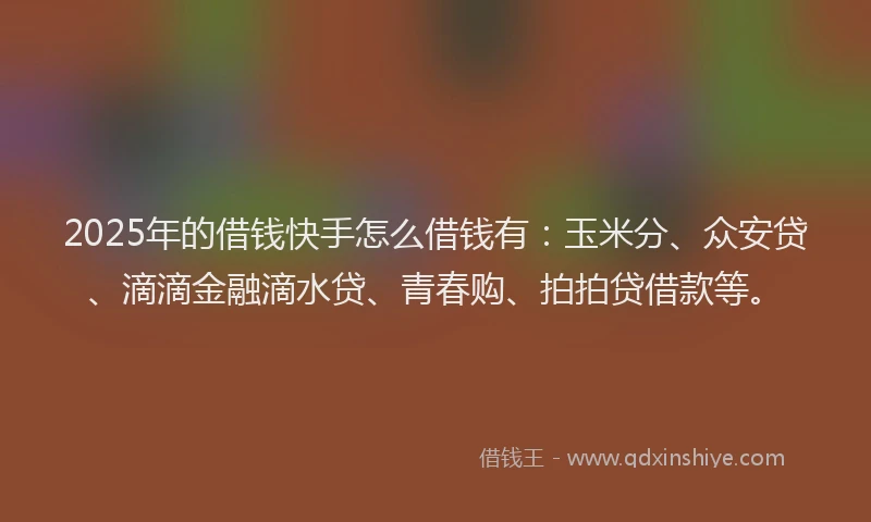 2025年的借钱快手怎么借钱有：玉米分、众安贷、滴滴金融滴水贷、青春购、拍拍贷借款等。
