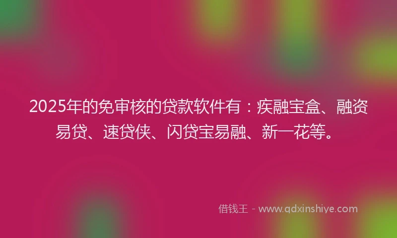 2025年的免审核的贷款软件有：疾融宝盒、融资易贷、速贷侠、闪贷宝易融、新一花等。