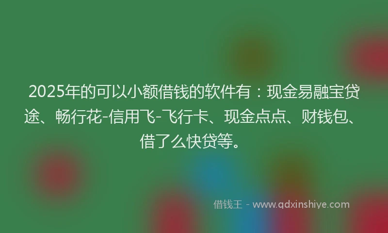 2025年的可以小额借钱的软件有：现金易融宝贷途、畅行花-信用飞-飞行卡、现金点点、财钱包、借了么快贷等。