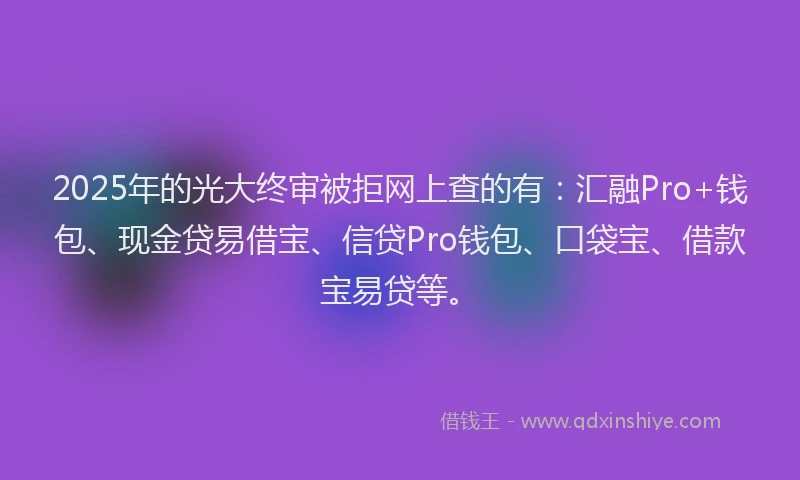 2025年的光大终审被拒网上查的有：汇融Pro+钱包、现金贷易借宝、信贷Pro钱包、口袋宝、借款宝易贷等。
