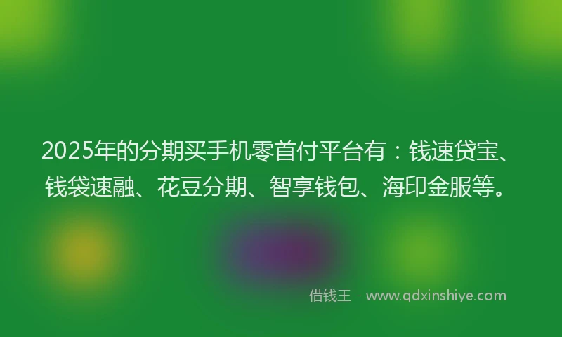 2025年的分期买手机零首付平台有：钱速贷宝、钱袋速融、花豆分期、智享钱包、海印金服等。