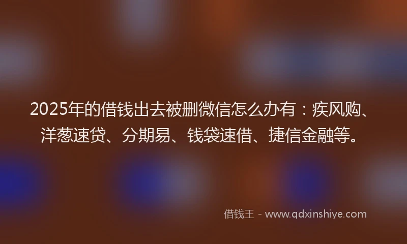 2025年的借钱出去被删微信怎么办有：疾风购、洋葱速贷、分期易、钱袋速借、捷信金融等。
