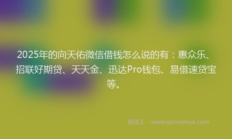 2025年的向天佑微信借钱怎么说的有：惠众乐、招联好期贷、天天金、迅达Pro钱包、易借速贷宝等。