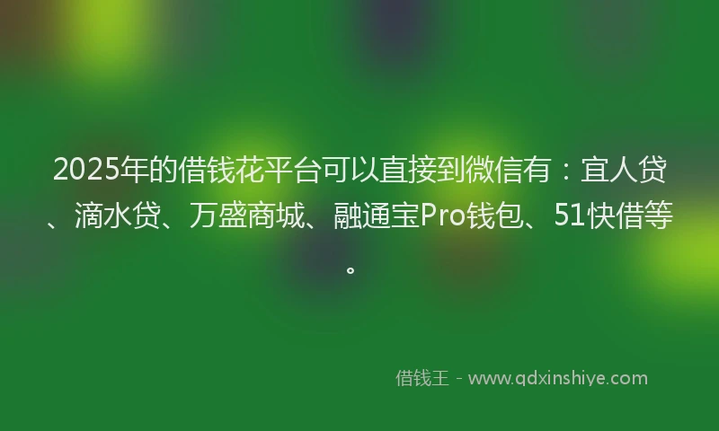 2025年的借钱花平台可以直接到微信有：宜人贷、滴水贷、万盛商城、融通宝Pro钱包、51快借等。
