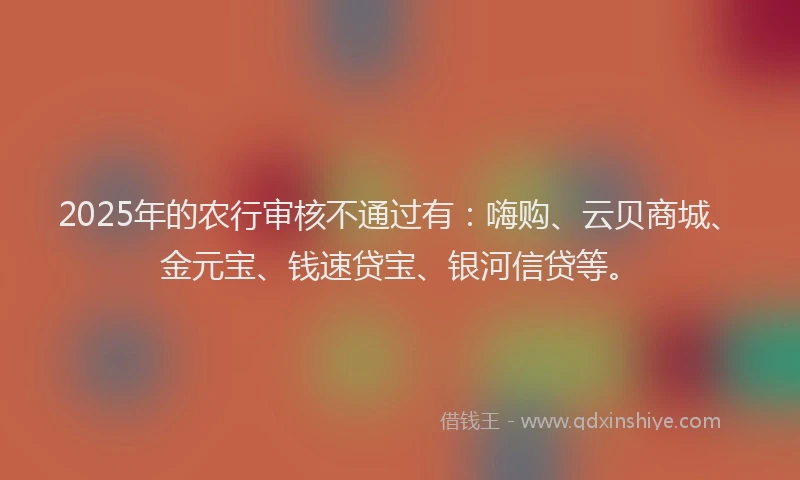 2025年的农行审核不通过有：嗨购、云贝商城、金元宝、钱速贷宝、银河信贷等。