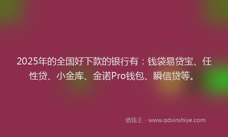 2025年的全国好下款的银行有：钱袋易贷宝、任性贷、小金库、金诺Pro钱包、瞬信贷等。