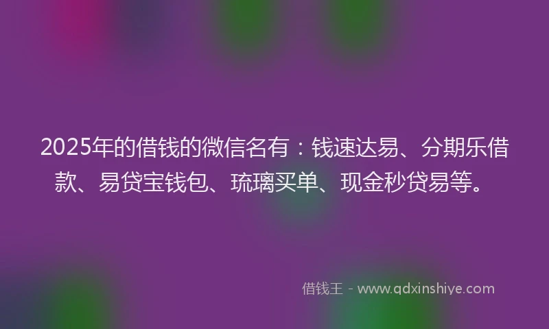 2025年的借钱的微信名有：钱速达易、分期乐借款、易贷宝钱包、琉璃买单、现金秒贷易等。