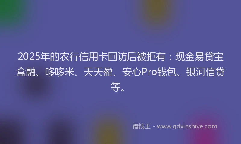 2025年的农行信用卡回访后被拒有：现金易贷宝盒融、哆哆米、天天盈、安心Pro钱包、银河信贷等。