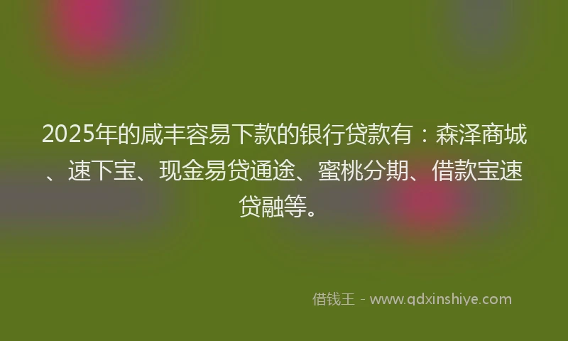 2025年的咸丰容易下款的银行贷款有：森泽商城、速下宝、现金易贷通途、蜜桃分期、借款宝速贷融等。