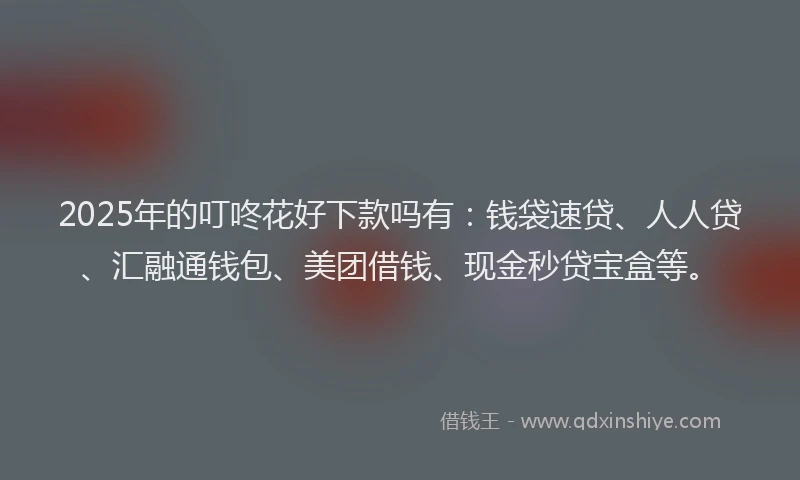 2025年的叮咚花好下款吗有：钱袋速贷、人人贷、汇融通钱包、美团借钱、现金秒贷宝盒等。
