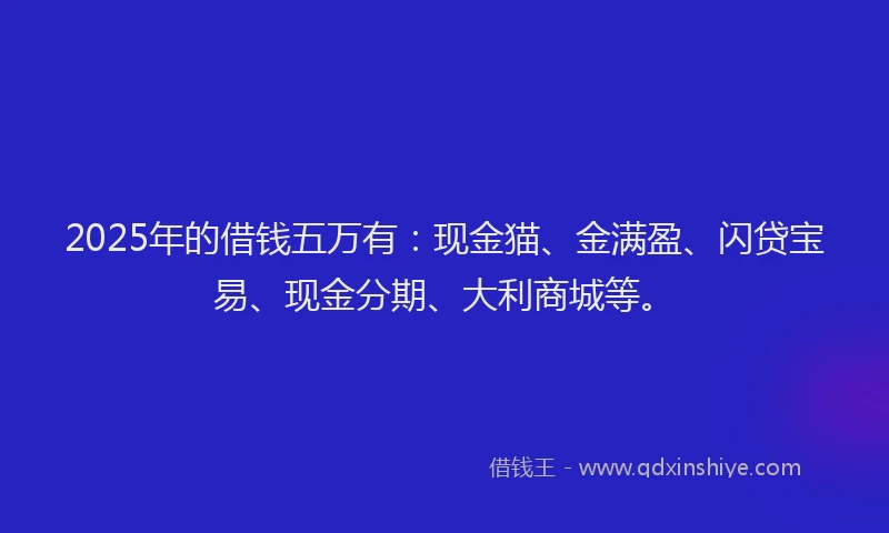 2025年的借钱五万有：现金猫、金满盈、闪贷宝易、现金分期、大利商城等。