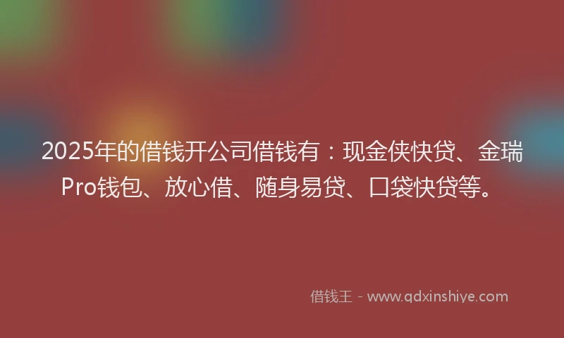 2025年的借钱开公司借钱有：现金侠快贷、金瑞Pro钱包、放心借、随身易贷、口袋快贷等。