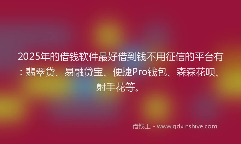 2025年的借钱软件最好借到钱不用征信的平台有：翡翠贷、易融贷宝、便捷Pro钱包、森森花呗、射手花等。