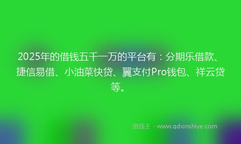 2025年的借钱五千一万的平台有：分期乐借款、捷信易借、小油菜快贷、翼支付Pro钱包、祥云贷等。