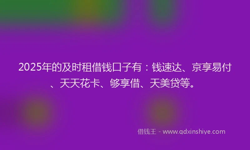2025年的及时租借钱口子有：钱速达、京享易付、天天花卡、够享借、天美贷等。