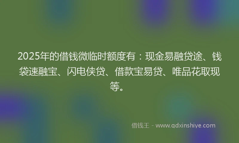2025年的借钱微临时额度有：现金易融贷途、钱袋速融宝、闪电侠贷、借款宝易贷、唯品花取现等。