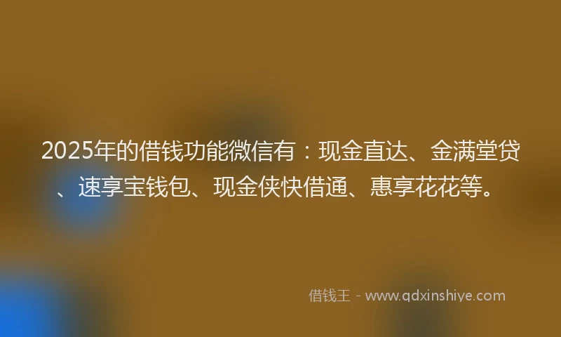 2025年的借钱功能微信有：现金直达、金满堂贷、速享宝钱包、现金侠快借通、惠享花花等。