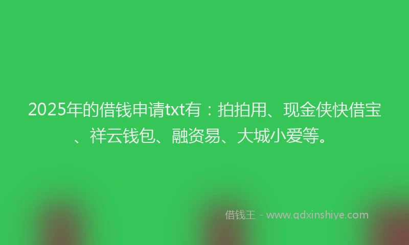 2025年的借钱申请txt有：拍拍用、现金侠快借宝、祥云钱包、融资易、大城小爱等。