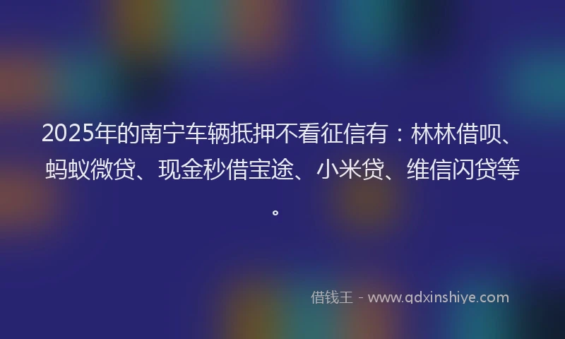 2025年的南宁车辆抵押不看征信有：林林借呗、蚂蚁微贷、现金秒借宝途、小米贷、维信闪贷等。