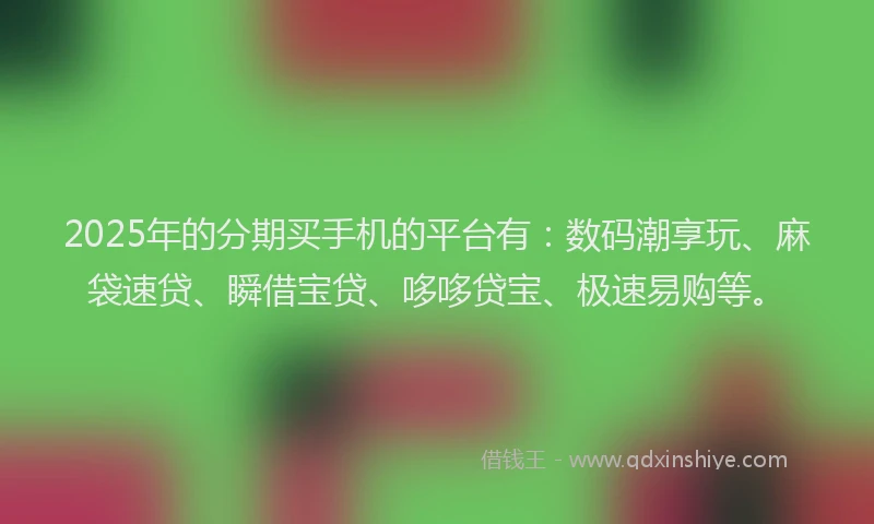 2025年的分期买手机的平台有：数码潮享玩、麻袋速贷、瞬借宝贷、哆哆贷宝、极速易购等。