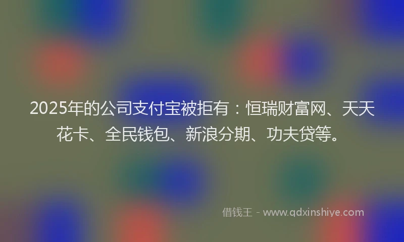 2025年的公司支付宝被拒有：恒瑞财富网、天天花卡、全民钱包、新浪分期、功夫贷等。