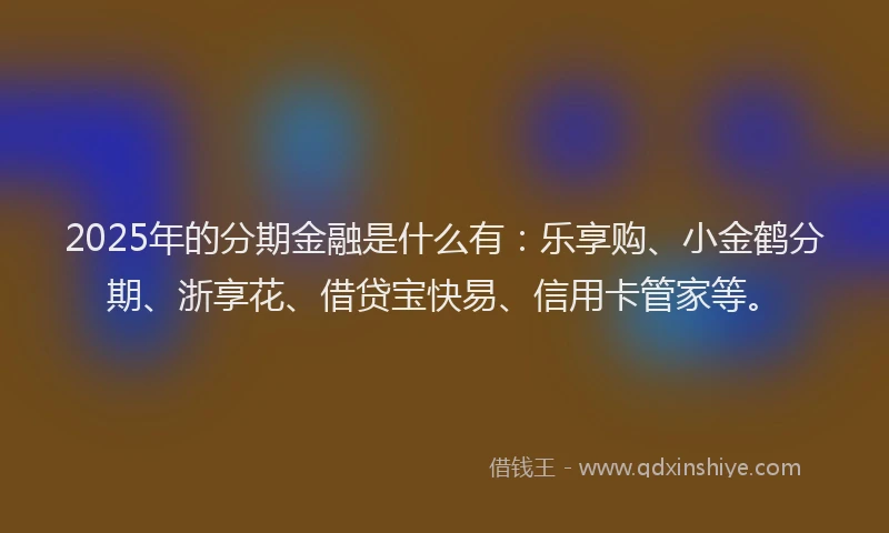 2025年的分期金融是什么有：乐享购、小金鹤分期、浙享花、借贷宝快易、信用卡管家等。