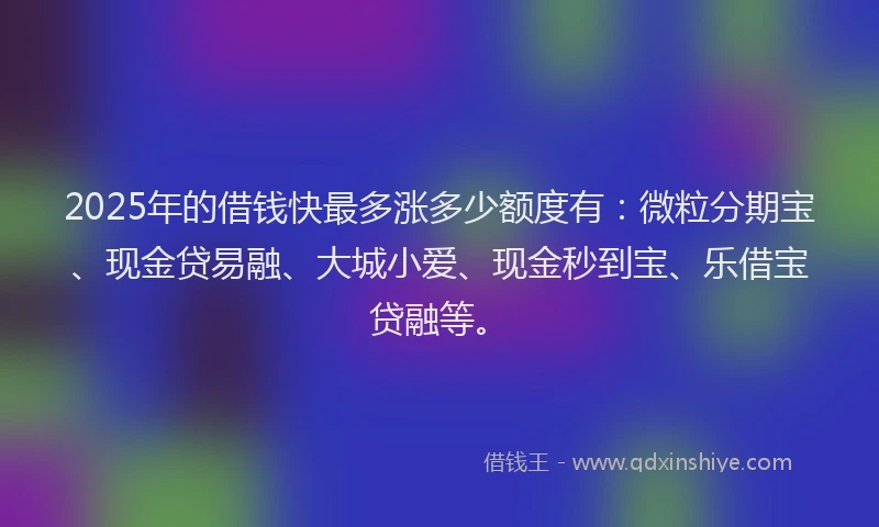 2025年的借钱快最多涨多少额度有：微粒分期宝、现金贷易融、大城小爱、现金秒到宝、乐借宝贷融等。