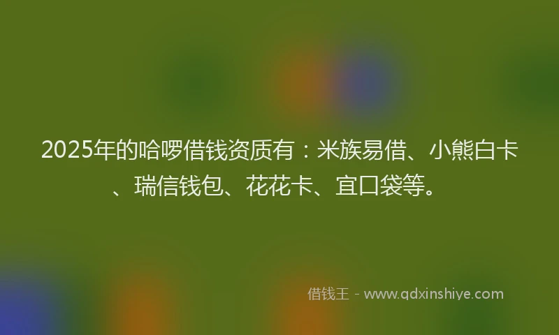 2025年的哈啰借钱资质有：米族易借、小熊白卡、瑞信钱包、花花卡、宜口袋等。