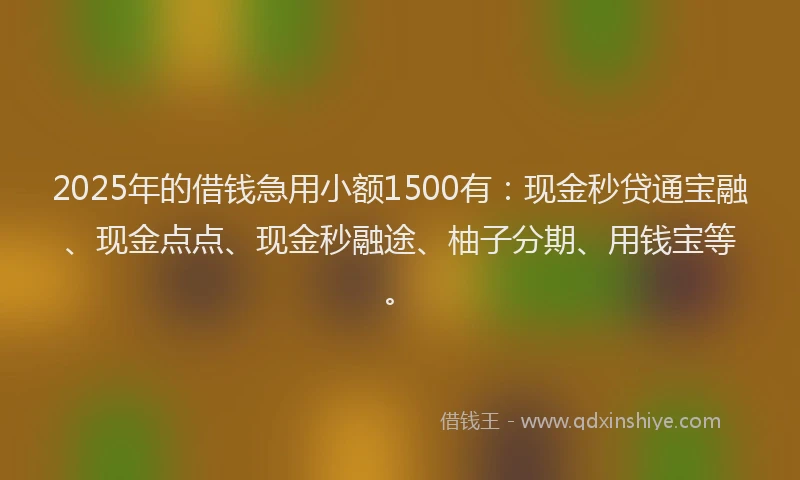 2025年的借钱急用小额1500有：现金秒贷通宝融、现金点点、现金秒融途、柚子分期、用钱宝等。