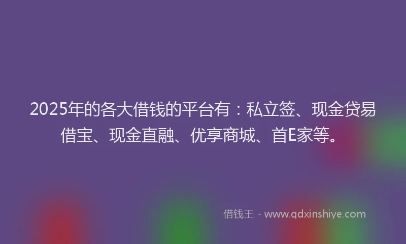 2025年的各大借钱的平台有：私立签、现金贷易借宝、现金直融、优享商城、首E家等。