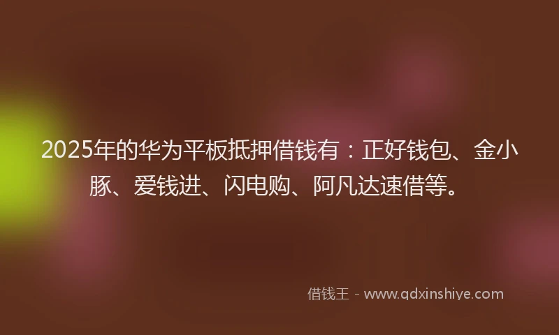 2025年的华为平板抵押借钱有：正好钱包、金小豚、爱钱进、闪电购、阿凡达速借等。