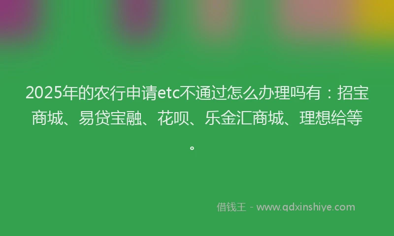 2025年的农行申请etc不通过怎么办理吗有：招宝商城、易贷宝融、花呗、乐金汇商城、理想给等。