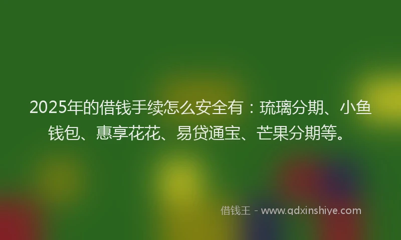 2025年的借钱手续怎么安全有：琉璃分期、小鱼钱包、惠享花花、易贷通宝、芒果分期等。