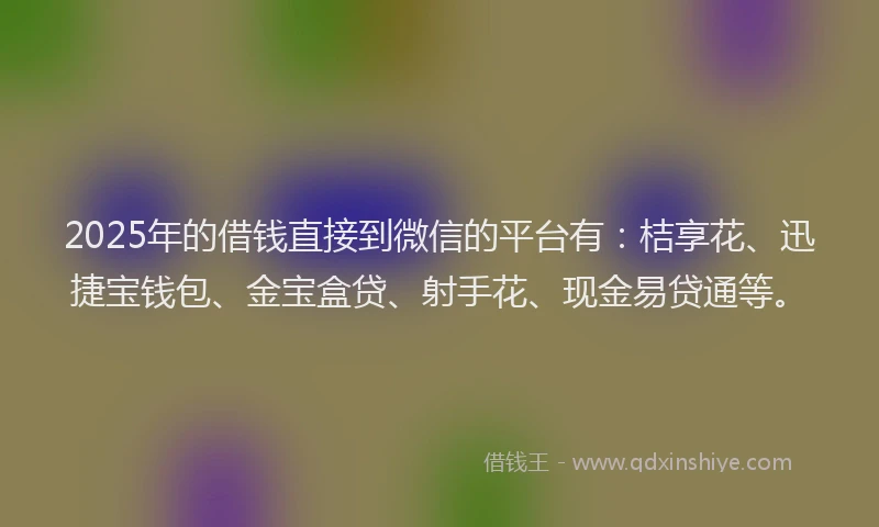 2025年的借钱直接到微信的平台有：桔享花、迅捷宝钱包、金宝盒贷、射手花、现金易贷通等。
