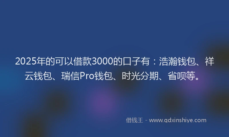 2025年的可以借款3000的口子有：浩瀚钱包、祥云钱包、瑞信Pro钱包、时光分期、省呗等。
