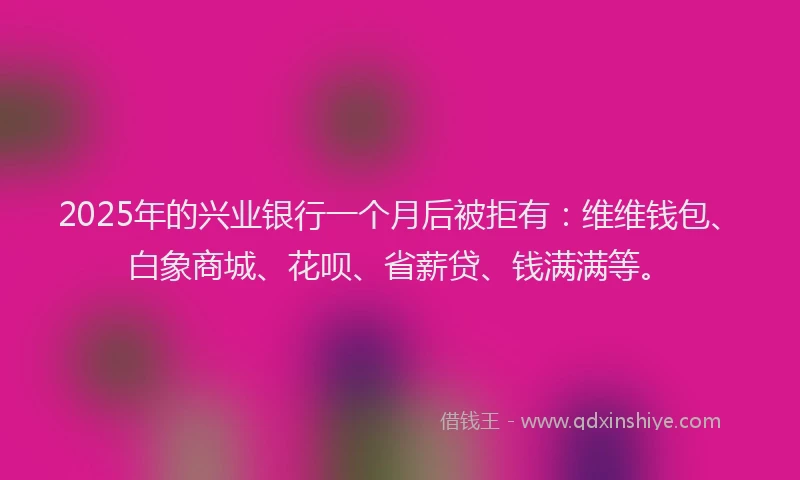 2025年的兴业银行一个月后被拒有：维维钱包、白象商城、花呗、省薪贷、钱满满等。