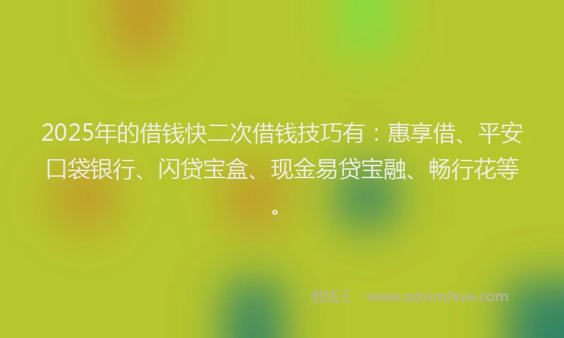 2025年的借钱快二次借钱技巧有：惠享借、平安口袋银行、闪贷宝盒、现金易贷宝融、畅行花等。