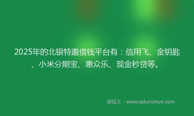 2025年的北银特邀借钱平台有：信用飞、金钥匙、小米分期宝、惠众乐、现金秒贷等。