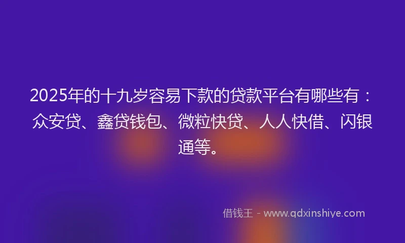 2025年的十九岁容易下款的贷款平台有哪些有：众安贷、鑫贷钱包、微粒快贷、人人快借、闪银通等。