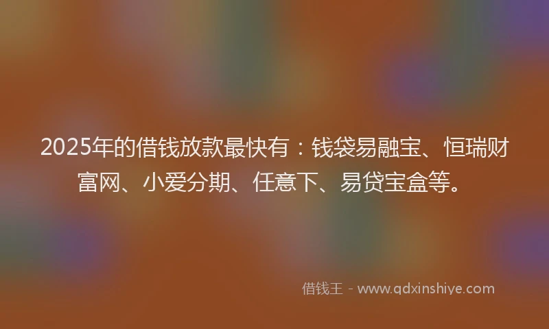 2025年的借钱放款最快有：钱袋易融宝、恒瑞财富网、小爱分期、任意下、易贷宝盒等。