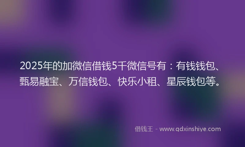 2025年的加微信借钱5千微信号有：有钱钱包、甄易融宝、万信钱包、快乐小租、星辰钱包等。