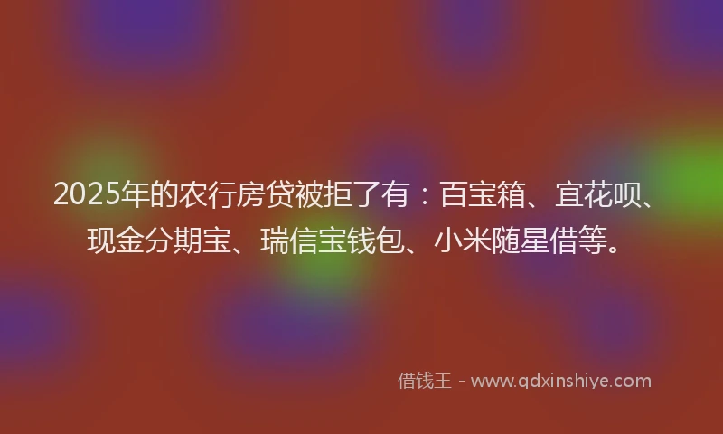 2025年的农行房贷被拒了有：百宝箱、宜花呗、现金分期宝、瑞信宝钱包、小米随星借等。