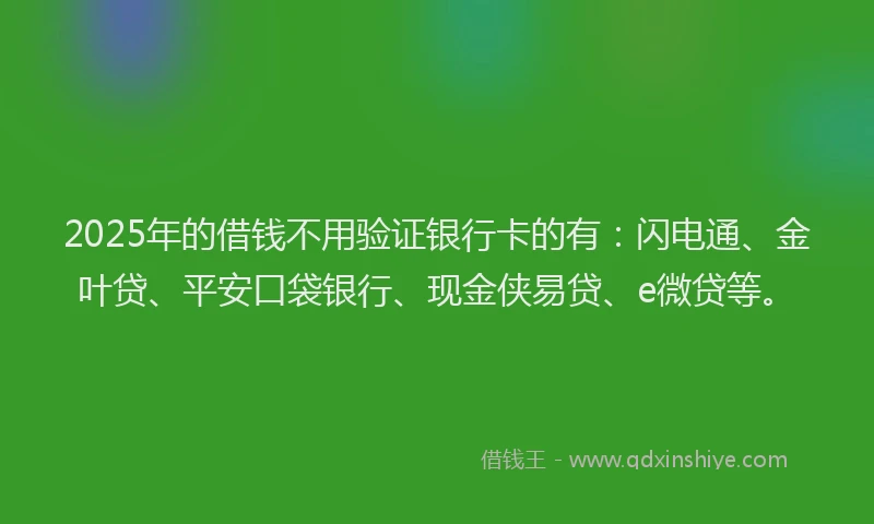 2025年的借钱不用验证银行卡的有：闪电通、金叶贷、平安口袋银行、现金侠易贷、e微贷等。