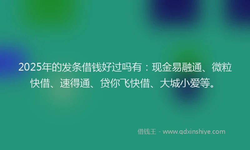 2025年的发条借钱好过吗有：现金易融通、微粒快借、速得通、贷你飞快借、大城小爱等。