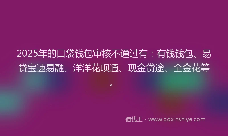 2025年的口袋钱包审核不通过有：有钱钱包、易贷宝速易融、洋洋花呗通、现金贷途、全金花等。