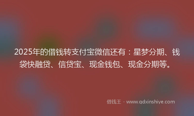 2025年的借钱转支付宝微信还有：星梦分期、钱袋快融贷、信贷宝、现金钱包、现金分期等。