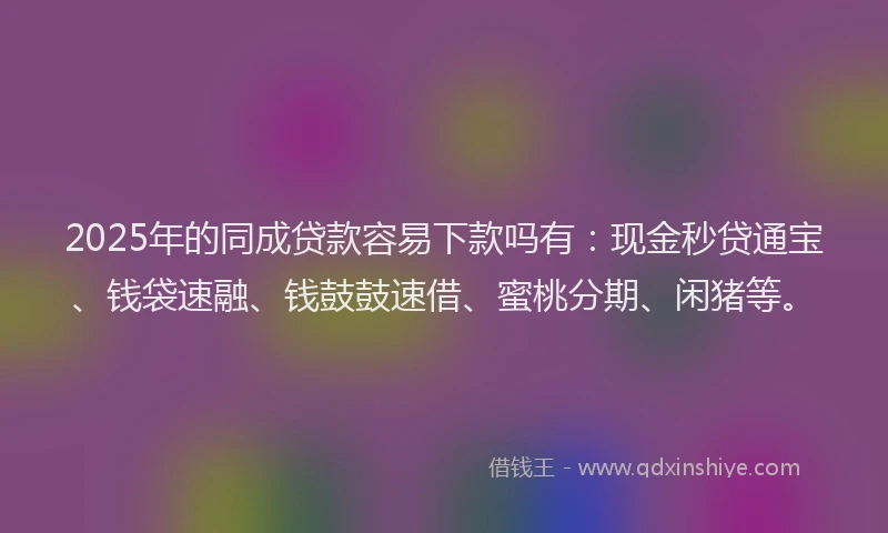 2025年的同成贷款容易下款吗有：现金秒贷通宝、钱袋速融、钱鼓鼓速借、蜜桃分期、闲猪等。