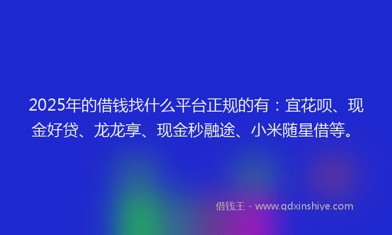 2025年的借钱找什么平台正规的有：宜花呗、现金好贷、龙龙享、现金秒融途、小米随星借等。