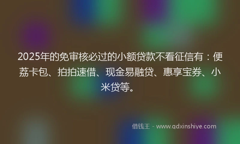 2025年的免审核必过的小额贷款不看征信有：便荔卡包、拍拍速借、现金易融贷、惠享宝券、小米贷等。