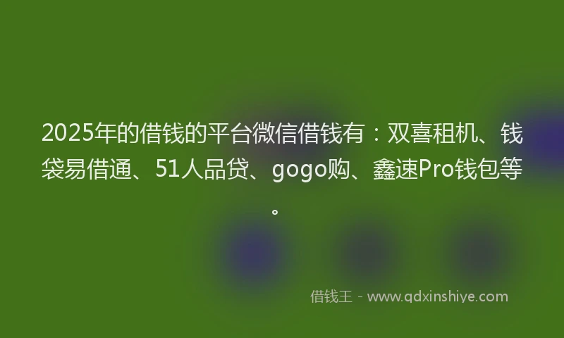 2025年的借钱的平台微信借钱有：双喜租机、钱袋易借通、51人品贷、gogo购、鑫速Pro钱包等。